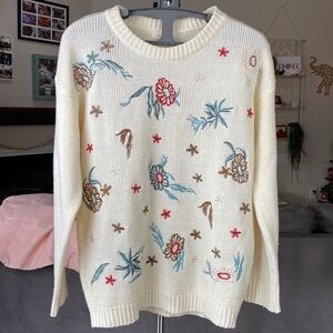 Easel Los Angeles Women's Size Small Floral Embroidered Oversized Cream Sweater